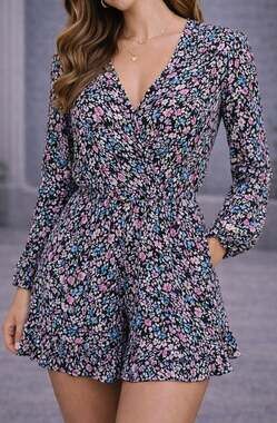 Eight Sixty Floral Long Sleeve V-Neck Ruffle Romper